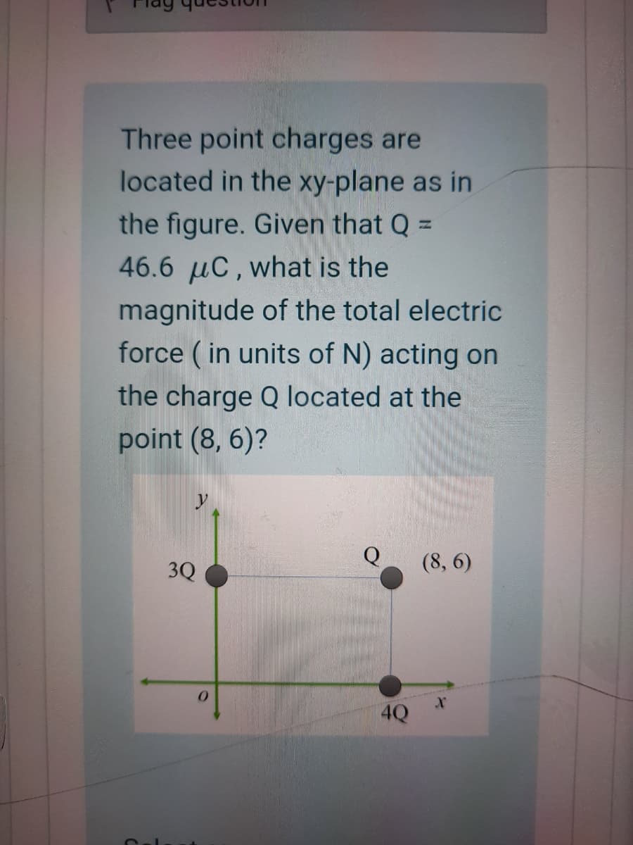 Three point charges are
located in the xy-plane as in
the figure. Given that Q =
46.6 µC, what is the
magnitude of the total electric
force ( in units of N) acting on
the charge Q located at the
point (8, 6)?
3Q
(8, 6)
4Q
