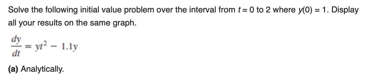 Solve the following initial value problem over the interval from t = 0 to 2 where y(0) = 1. Display
all your results on the same graph.
%3D
dy
yr² – 1.1y
dt
(a) Analytically.
