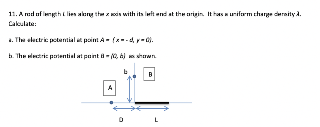 11. A rod of length L lies along the x axis with its left end at the origin. It has a uniform charge density 2.
Calculate:
a. The electric potential at point A = (x = - d, y = 0).
b. The electric potential at point B = (0, b) as shown.
B
A
D
L
