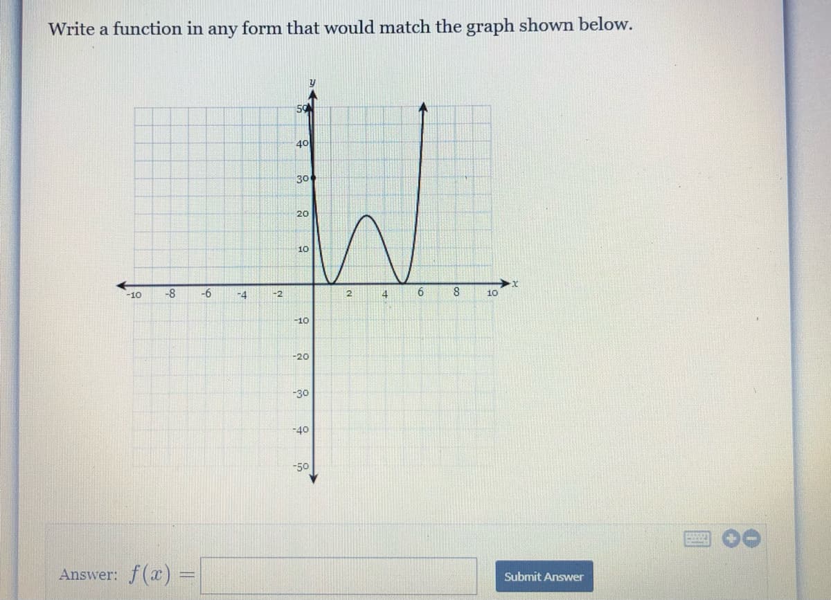 Write a function in any form that would match the graph shown below.
40
30
20
10
-8
-6
-4
-2
6.
8.
10
-10
-20
-30
-40
-50
Answer: f(x) =
Submit Answer
