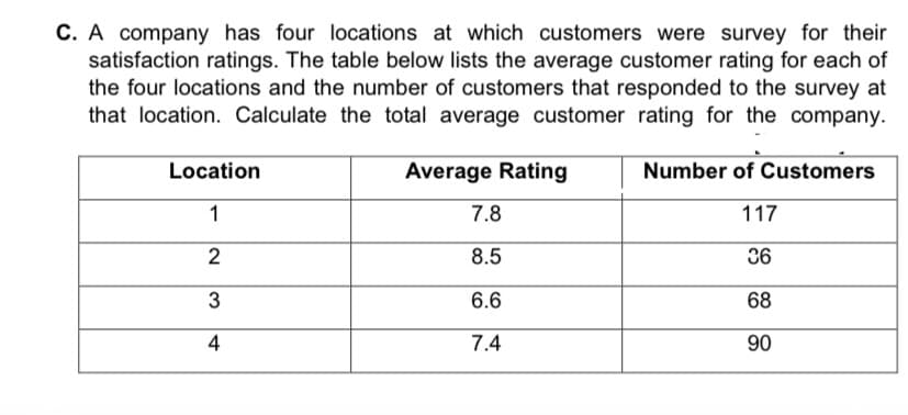 C. A company has four locations at which customers were survey for their
satisfaction ratings. The table below lists the average customer rating for each of
the four locations and the number of customers that responded to the survey at
that location. Calculate the total average customer rating for the company.
Location
Average Rating
Number of Customers
7.8
117
2
8.5
36
6.6
68
4
7.4
90
