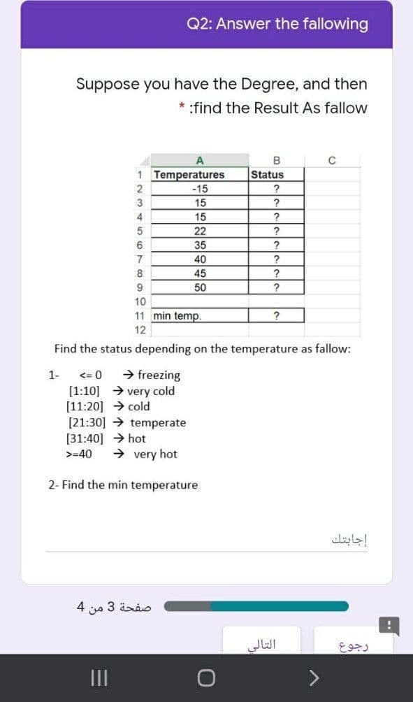 Q2: Answer the fallowing
Suppose you have the Degree, and then
* :find the Result As fallow
A
1 Temperatures
Status
-15
3
15
4
15
22
6
35
7
40
8
45
?
9
50
?
10
11 min temp.
?
12
Find the status depending on the temperature as fallow:
→ freezing
[1:10] → very cold
[11:20] → cold
[21:30] → temperate
[31:40] → hot
→ very hot
1-
<= 0
>=40
2- Find the min temperature
إجابتك
صفحة 3 من 4
التالی
رجوع
II
