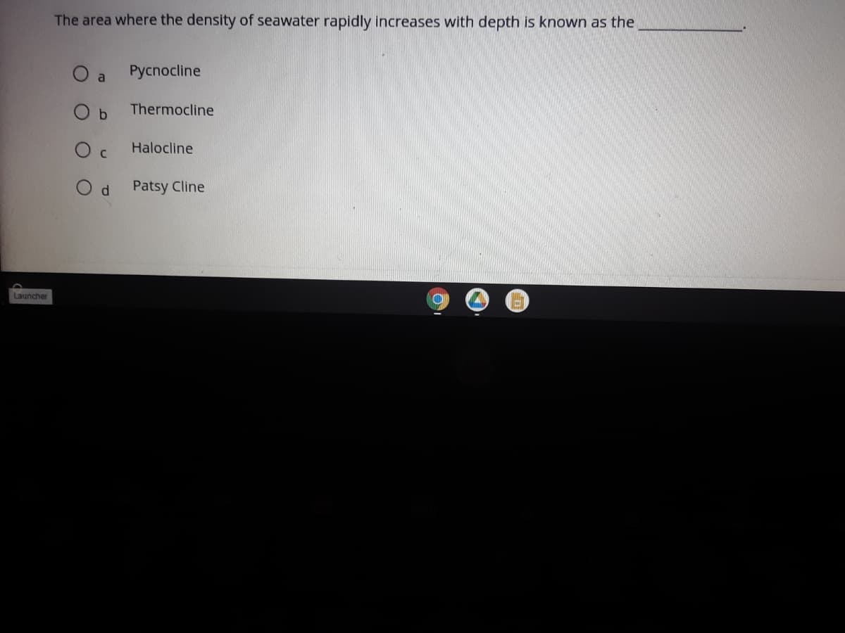 The area where the density of seawater rapidly increases with depth is known as the
O a
Pycnocline
Thermocline
O c
Halocline
Patsy Cline
Launcher
