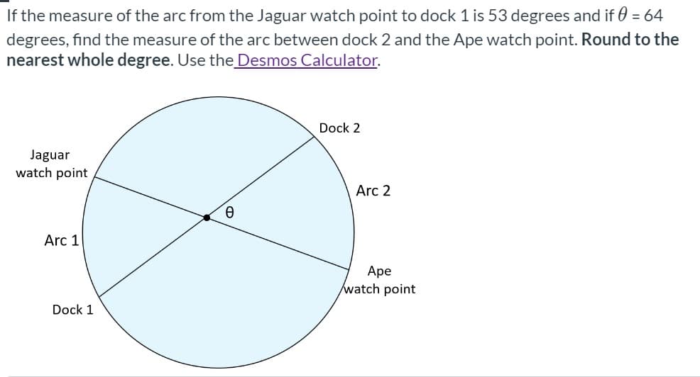 If the measure of the arc from the Jaguar watch point to dock 1 is 53 degrees and if 0 = 64
degrees, find the measure of the arc between dock 2 and the Ape watch point. Round to the
nearest whole degree. Use the Desmos Calculator.
Dock 2
Jaguar
watch point
Arc 2
Arc 1
Арe
watch point
Dock 1
