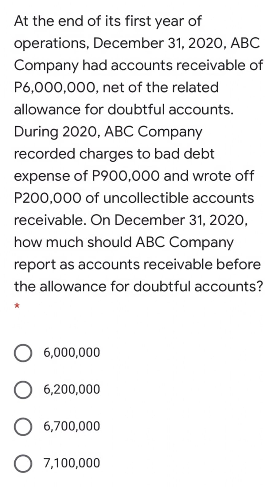 At the end of its first year of
operations, December 31, 2020, ABC
Company had accounts receivable of
P6,000,000, net of the related
allowance for doubtful accounts.
During 2020, ABC Company
recorded charges to bad debt
expense of P900,000 and wrote off
P200,000 of uncollectible accounts
receivable. On December 31, 2020,
how much should ABC Company
report as accounts receivable before
the allowance for doubtful accounts?
O 6,000,000
O 6,200,000
6,700,000
7,100,000
