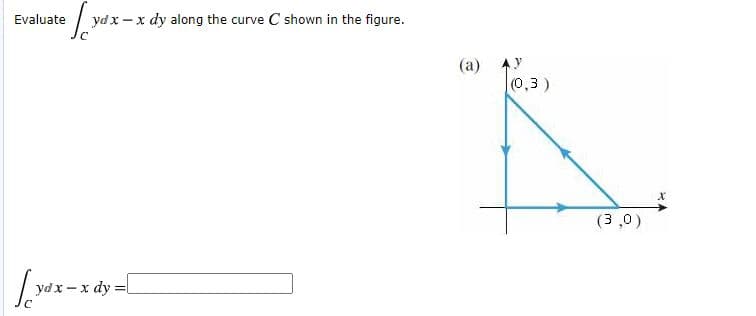 Evaluate
| yd x - x dy along the curve C shown in the figure.
(a)
(0,3)
(3 ,0)
