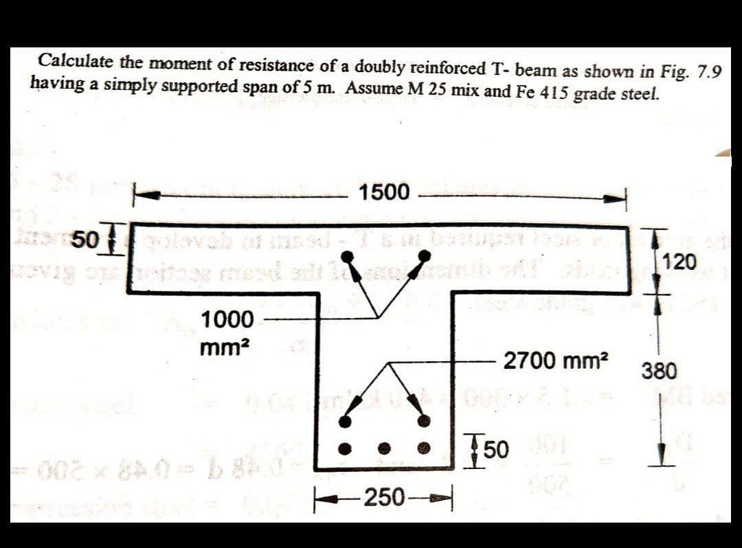 Calculate the moment of resistance of a doubly reinforced T- beam as shown in Fig. 7.9
having a simply supported span of 5 m. Assume M 25 mix and Fe 415 grade steel.
1500.
50olavab of med
120
1000
mm²
250-
2700 mm²
150 001
380