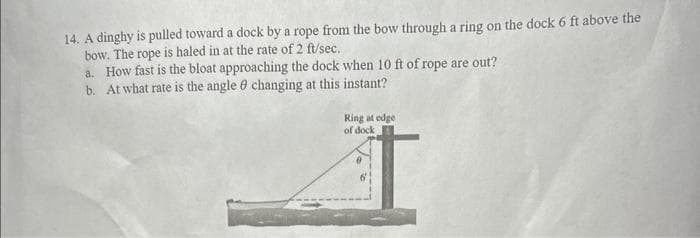 14. A dinghy is pulled toward a dock by a rope from the bow through a ring on the dock 6 ft above the
bow. The rope is haled in at the rate of 2 ft/sec.
a. How fast is the bloat approaching the dock when 10 ft of rope are out?
b. At what rate is the angle 8 changing at this instant?
Ring at edge
of dock