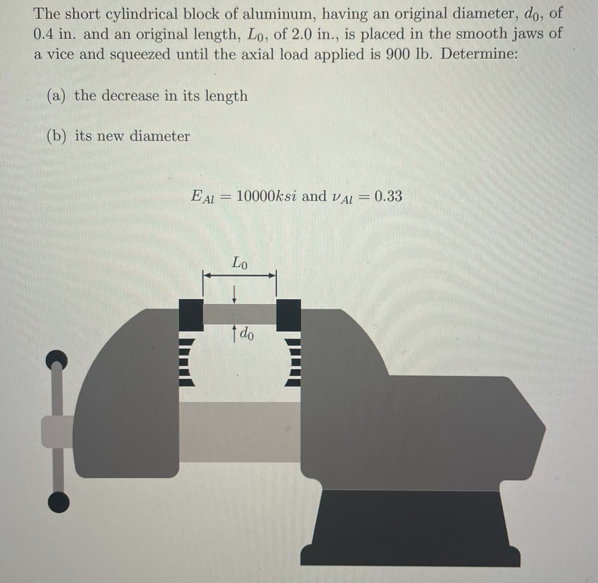 The short cylindrical block of aluminum, having an original diameter, do, of
0.4 in. and an original length, Lo, of 2.0 in., is placed in the smooth jaws of
a vice and squeezed until the axial load applied is 900 lb. Determine:
(a) the decrease in its length
(b) its new diameter
EAL = 10000ksi and vAL = 0.33
Lo
do
