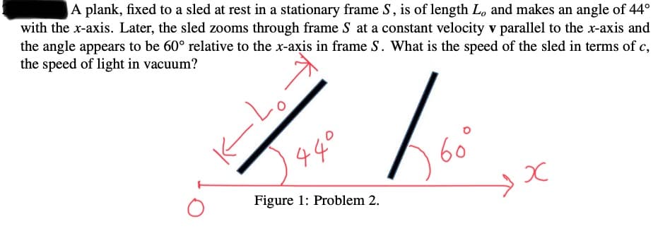 A plank, fixed to a sled at rest in a stationary frame S, is of length Lo and makes an angle of 44°
with the x-axis. Later, the sled zooms through frame S at a constant velocity v parallel to the x-axis and
the angle appears to be 60° relative to the x-axis in frame S. What is the speed of the sled in terms of c,
the speed of light in vacuum?
44°
60
Figure 1: Problem 2.
