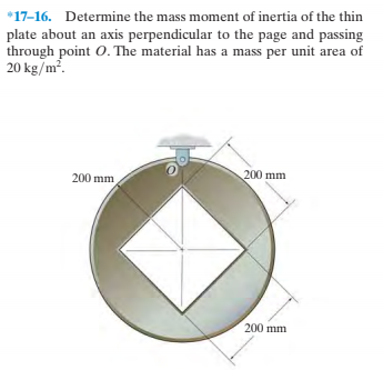 *17-16. Determine the mass moment of inertia of the thin
plate about an axis perpendicular to the page and passing
through point O. The material has a mass per unit area of
20 kg/m.
200 mm
200 mm
200 mm
