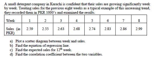 A small detergent company in Karachi is confident that their sales are growing significantly week
by week. Treating sales for the previous eight weeks as a typical example of this increasing trend,
they recorded them in PKR 1000's and examined the results.
Week
1
2
3
4
5
6
Sales (in
PKR)
2.59
2.55
2.63
2.68
2.74
2.83
2.86
2.99
a) Plot a scatter diagram between week and sales.
b) Find the equation of regression line.
c) Find the expected sales for 12 week
d) Find the correlation coefficient between the two variables.
