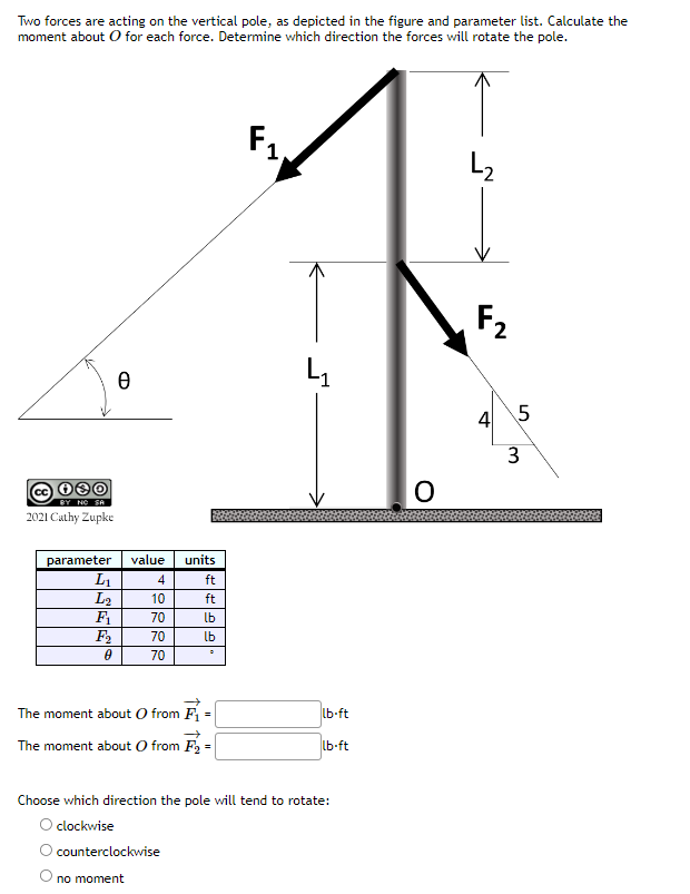 Two forces are acting on the vertical pole, as depicted in the figure and parameter list. Calculate the
moment about O for each force. Determine which direction the forces will rotate the pole.
0
BY NO SA
2021 Cathy Zupke
parameter
L₁
L2
F₁
F₂
0
e
value units
4
ft
10
ft
70
lb
70
70
lb
D
The moment about O from F₁
The moment about O from F₂ =
counterclockwise
no moment
F₁
L₁
lb-ft
lb-ft
Choose which direction the pole will tend to rotate:
O clockwise
O
L₂
F₂
41 5
3