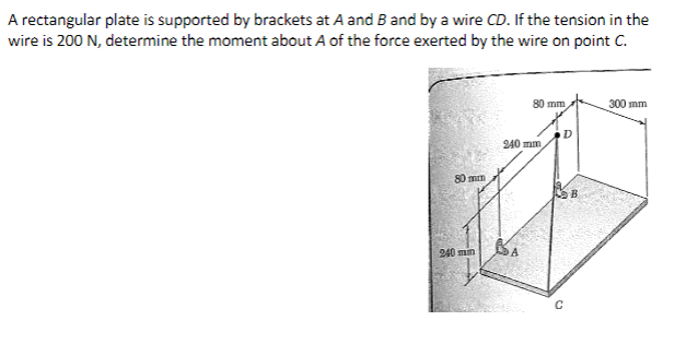 A rectangular plate is supported by brackets at A and B and by a wire CD. If the tension in the
wire is 200 N, determine the moment about A of the force exerted by the wire on point C.
80 mm
240 mm
80 mm
240 mm
A
D
B
300 mm