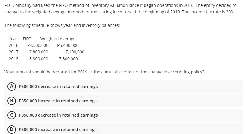 FTC Company had used the FIFO method of inventory valuation since it began operations in 2016. The entity decided to
change to the weighted average method for measuring inventory at the beginning of 2019. The income tax rate is 30%.
The following schedule shows year-end inventory balances:
Year FIFO
Weighted Average
2016
P4,500,000
P5,400,000
2017
7,800,000
7,100,000
2018
8,300,000
7,800,000
What amount should be reported for 2019 as the cumulative effect of the change in accounting policy?
(A P500,000 decrease in retained earnings
B P350,000 increase in retained earnings
(C P350,000 decrease in retained earnings
D P500,000 increase in retained earnings
