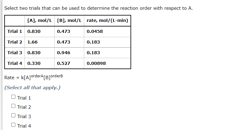 Select two trials that can be used to determine the reaction order with respect to A.
[A], mol/L [B], mol/L rate, mol/(L-min)
Trial 1 0.830
0.473
0.0458
Trial 2 1.66
0.473
0.183
Trial 3 0.830
0.946
0.183
Trial 4 0.330
0.527
0.00898
Rate = k[A]orderA[B]orderB
(Select all that apply.)
O Trial 1
O Trial 2
O Trial 3
O Trial 4
