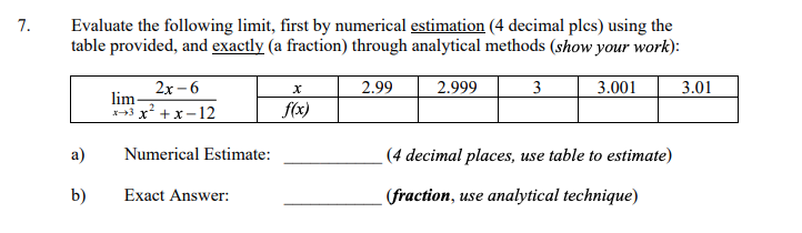 7.
Evaluate the following limit, first by numerical estimation (4 decimal plcs) using the
table provided, and exactly (a fraction) through analytical methods (show your work):
2х-6
2.99
2.999
3
3.001
3.01
lim-
x+3 x² + x –12
f(x)
a)
Numerical Estimate:
(4 decimal places, use table to estimate)
b)
Exact Answer:
(fraction, use analytical technique)
