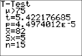 T-Test
P>75
t=5.422176685
%=4.4974012E-5
X=82
Sx=5
n=15
