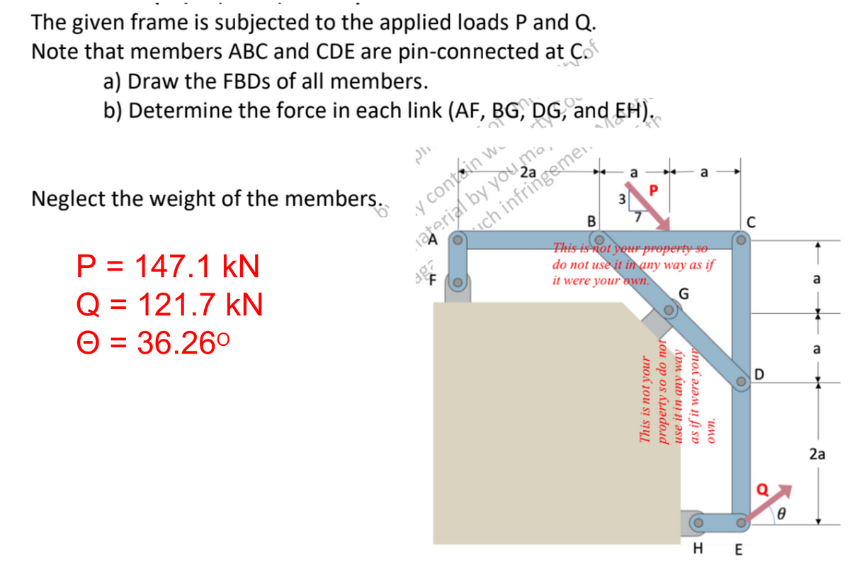 The given frame is subjected to the applied loads P and Q.
Note that members ABC and CDE are pin-connected at Co
a) Draw the FBDs of all members.
b) Determine the force in each link (AF, BG, DG,
~RCH).
a
Neglect the weight of the members.
P = 147.1 kN
Q = 121.7 kN
Ⓒ = 36.26°
داله
y contain w
aterial by you ma
F
a
P
3
B
This is not your property so
do not use it in any way as if
it were your own.
G
uch infringemen.
you ор
Anол
it in any way
wer
This is not your
property so
use
as if it
UMO
HE
C
D
Q
0
a
a
2a
