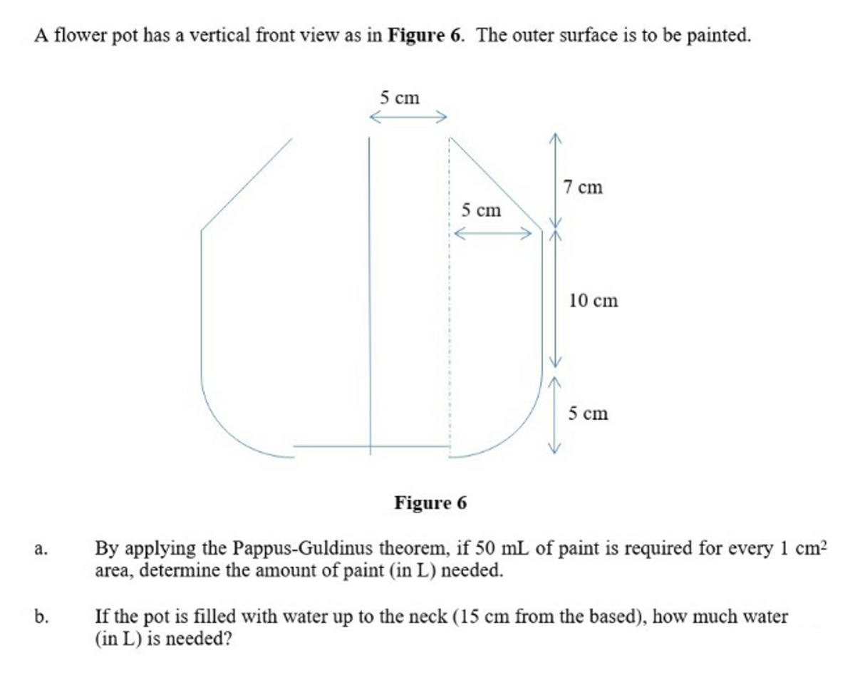 A flower pot has a vertical front view as in Figure 6. The outer surface is to be painted.
5 cm
7 cm
5 cm
10 cm
5 cm
Figure 6
By applying the Pappus-Guldinus theorem, if 50 mL of paint is required for every 1 cm2
area, determine the amount of paint (in L) needed.
а.
If the pot is filled with water up to the neck (15 cm from the based), how much water
(in L) is needed?
b.
