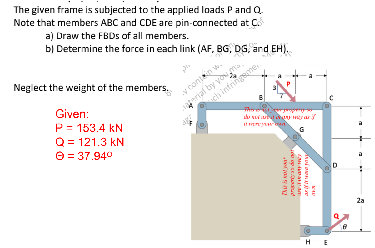 The given frame is subjected to the applied loads P and Q.
Note that members ABC and CDE are pin-connected at Co
a) Draw the FBDs of all members.
b) Determine the force in each link (AF, BG, DG,
~RCH).
a
Neglect the weight of the members.
Given:
P = 153.4 kN
Q = 121.3 kN
O = 37.94⁰
داله
y contain w
aterial by you ma
F
a
P
3
B
This is not your property so
do not use it in any way as if
it were your own.
G
uch infringemen.
you ор
Anол
it in any way
wer
This is not your
property so
use
as if it
UMO
HE
C
D
Q
0
a
a
2a