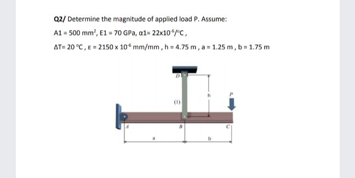 Q2/ Determine the magnitude of applied load P. Assume:
A1 = 500 mm?, E1 = 70 GPa, a1= 22x10 /°C,
AT= 20 °C, E = 2150 x 10° mm/mm, h = 4.75 m, a = 1.25 m, b = 1.75 m
