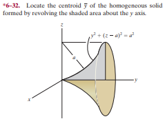 *6-32. Locate the centroid y of the homogeneous solid
formed by revolving the shaded area about the y axis
7+(z - a) -a
