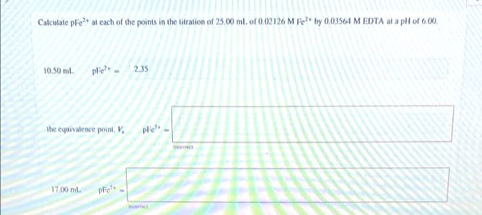 Calculate pFe?+ at cach of the points in the titration of 25.00 ml. of 0.02126 M Fe+ by 0,03564 M EDTA at a pH of 6.00.
10.50 mL
pFe? -
2.35
the equivalence point, V,
Incorrect
17.00 mL
ncormect
