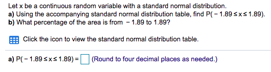 Let x be a continuous random variable with a standard normal distribution.
a) Using the accompanying standard normal distribution table, find P(- 1.89sxs1.89).
b) What percentage of the area is from - 1.89 to 1.89?
Click the icon to view the standard normal distribution table.
a) P(- 1.89 sxs 1.89):
(Round to four decimal places as needed.)
