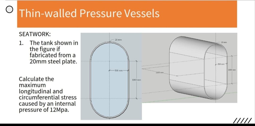 O Thin-walled Pressure Vessels
SEATWORK:
1. The tank shown in
the figure if
fabricated from a
20mm steel plate.
Calculate the
maximum
longitudinal and
circumferential stress
caused by an internal
pressure of 12Mpa.
20 mm
-500 mm 1
1000 mm.
2100 mm
20 mm
500 mm
1000 mm