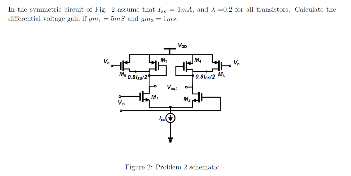 1mA, and A =0.2 for all transistors. Calculate the
In the symmetric circuit of Fig. 2 assume that Iss
differential voltage gain if
5mS and gm3 = 1ms.
gmį =
VDD
Vp
M3
M4
M5
0.81ss/2
0.8lss/2 M6
Vout
M1
M2
Vin
Is
Figure 2: Problem 2 schematic
