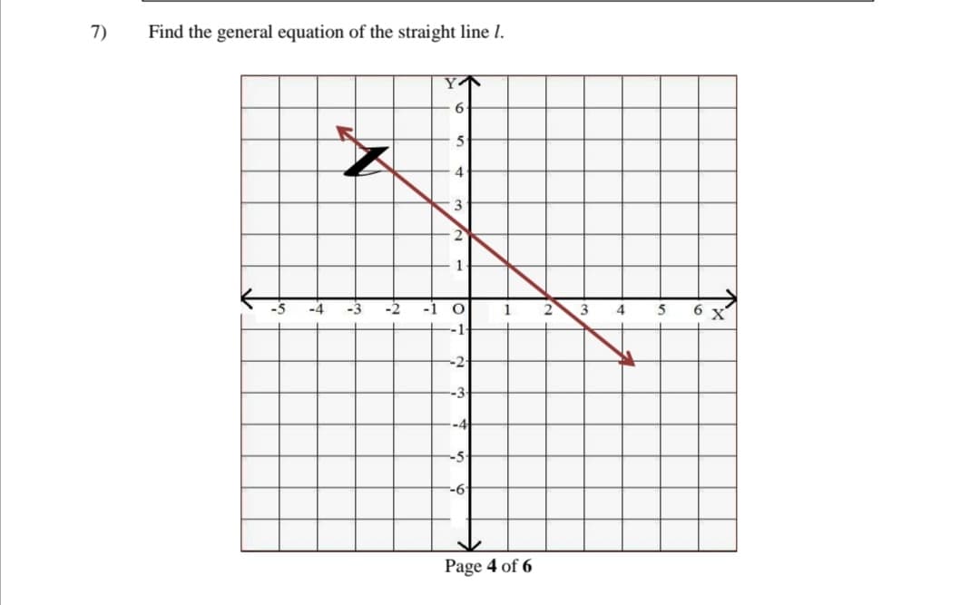 7)
Find the general equation of the straight line I.
Y
6.
4
3
1
-2
1
4
5
6.
-1
-2-
-3
-5
-6
Page 4 of 6
