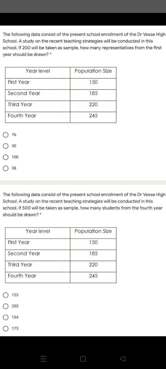 The following data consist of the present school enrollment of the Dr Vesse High
School. A study on the recent teaching strategies will be conducted in this
school. If 200 will be taken as sample, how many representatives from the first
year should be drawn? *
Year level
Population Size
First Year
150
Second Year
185
Third Year
220
Fourth Year
245
O 76
О 30
O 100
O 38
The following data consist of the present school enrollment of the Dr Vesse High
School. A study on the recent teaching strategies will be conducted in this
school. If 500 will be taken as sample, how many students from the fourth year
should be drawn? *
Year level
Population Size
First Year
150
Second Year
185
Third Year
220
Fourth Year
245
O 123
O 203
O 154
O 173
|||
O o o o
O o o o
