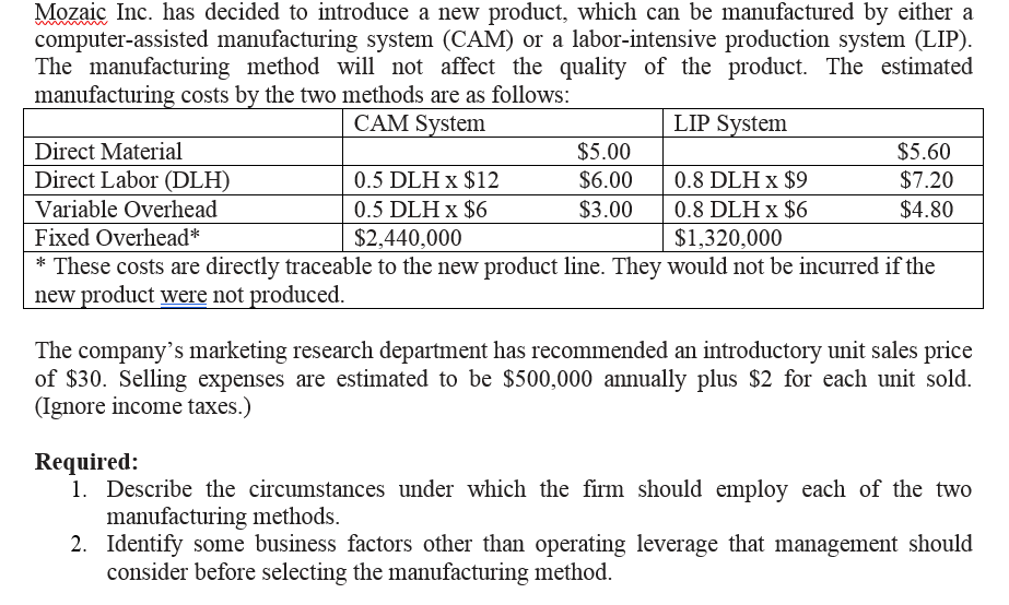 Mozaic Inc. has decided to introduce a new product, which can be manufactured by either a
computer-assisted manufacturing system (CAM) or a labor-intensive production system (LIP).
The manufacturing method will not affect the quality of the product. The estimated
manufacturing costs by the two methods are as follows:
www
CAM System
LIP System
Direct Material
$5.00
$5.60
Direct Labor (DLH)
0.5 DLH x $12
$6.00
0.8 DLH x $9
$7.20
Variable Overhead
0.5 DLH x $6
$3.00
0.8 DLH x $6
$4.80
Fixed Overhead*
$2,440,000
$1,320,000
* These costs are directly traceable to the new product line. They would not be incurred if the
new product were not produced.
The company's marketing research department has recommended an introductory unit sales price
of $30. Selling expenses are estimated to be $500,000 annually plus $2 for each unit sold.
(Ignore income taxes.)
Required:
1. Describe the circumstances under which the firm should employ each of the two
manufacturing methods.
2. Identify some business factors other than operating leverage that management should
consider before selecting the manufacturing method.
