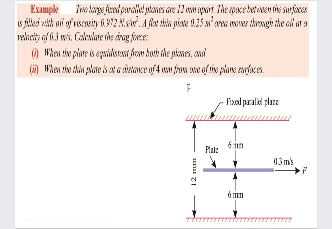 Two large fixed parallel planes are 12 mm apart. The space between the surfaces
Example
is filled with oil of viscosity 0.972 N.s/m². A flat thin plate 0.25 m² area moves through the oil at a
velocity of 0.3 m/s. Calculate the drag force:
(1) When the plate is equidistant from both the planes, and
(ii) When the thin plate is at a distance of 4 mm from one of the plane surfaces.
Fixed parallel plane
6 mm
Plate
0.3 m/s
F
6 mm
12 mm
