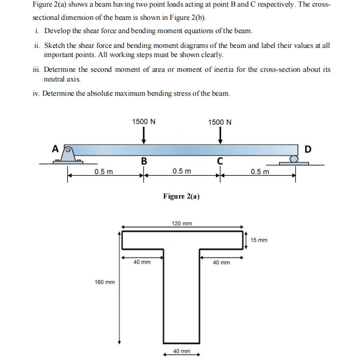 Figure 2(a) shows a beam having two point loads acting at point B and C respectively. The cross-
sectional dimension of the beam is shown in Figure 2 (b).
i. Develop the shear force and bending moment equations of the beam.
ii. Sketch the shear force and bending moment diagrams of the beam and label their values at all
important points. All working steps must be shown clearly.
iii. Determine the second moment of area or moment of inertia for the cross-section about its
neutral axis.
iv. Determine the absolute maximum bending stress of the beam.
A
0.5 m
160 mm
1500 N
↓
B
40 mm
0.5 m
Figure 2(a)
120 mm
40 mm
1500 N
↓
C
40 mm
0.5 m
15 mm
D