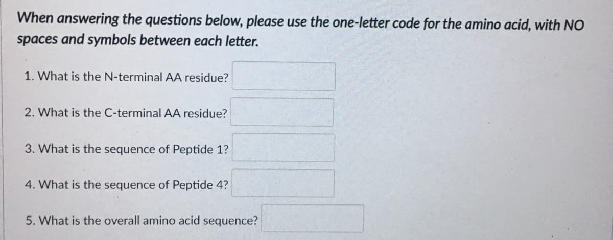 When answering the questions below, please use the one-letter code for the amino acid, with NO
spaces and symbols between each letter.
1. What is the N-terminal AA residue?
2. What is the C-terminal AA residue?
3. What is the sequence of Peptide 1?
4. What is the sequence of Peptide 4?
5. What is the overall amino acid sequence?
