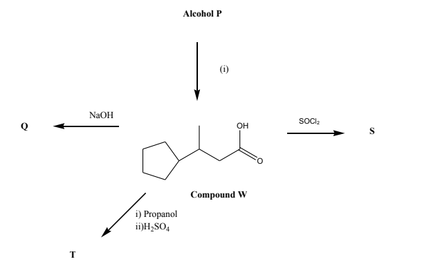 Alcohol P
(i)
NaOH
SOCII2
Q
он
Compound W
i) Propanol
ii)H,SO,
T.
