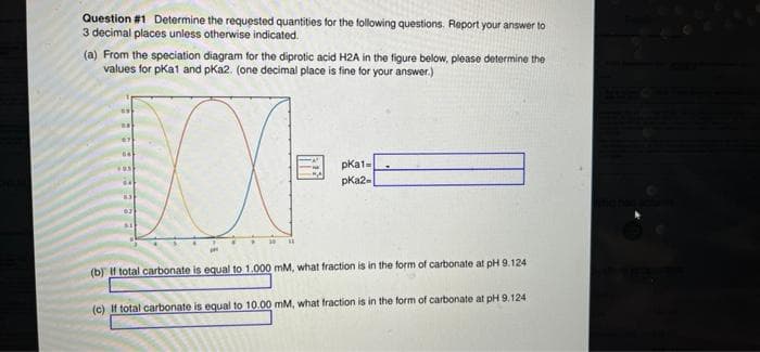Question #1 Determine the requested quantities for the following questions. Report your answer to
3 decimal places unless otherwise indicated.
(a) From the speciation diagram for the diprotic acid H2A in the figure below, please determine the
values for pKat and pKa2. (one decimal place is fine for your answer.)
pka1-
pKa2-
(b) If total carbonate is equal to 1.000 mM, what fraction is in the form of carbonate at pH 9.124
(c) If total carbonate is equal to 10.00 mM, what fraction is in the form of carbonate at pH 9.124
