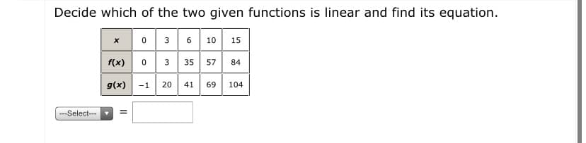 Decide which of the two given functions is linear and find its equation.
x0 3 6 10 15
f(x)
35 57 84
g(x)
-1
20
41
69
104
---Select--
II
