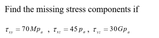 Find the missing stress components if
T, = 70MP. , T = 45 p., T,, = 30GP.
ху
yz
