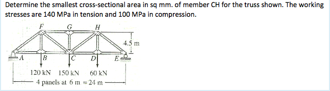 Determine the smallest cross-sectional area in sq mm. of member CH for the truss shown. The working
stresses are 140 MPa in tension and 100 MPa in compression.
H
4.5 m
A.
C
E.
120 kN
150 kN
60 kN
4 panels at 6 m = 24 m

