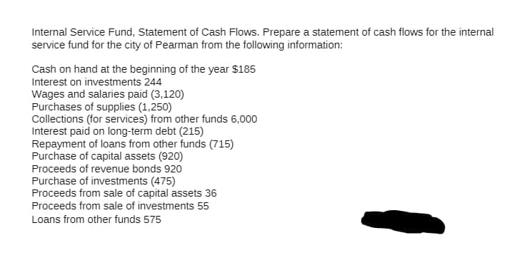 Internal Service Fund, Statement of Cash Flows. Prepare a statement of cash flows for the internal
service fund for the city of Pearman from the following information:
Cash on hand at the beginning of the year $185
Interest on investments 244
Wages and salaries paid (3,120)
Purchases of supplies (1,250)
Collections (for services) from other funds 6,000
Interest paid on long-term debt (215)
Repayment of loans from other funds (715)
Purchase of capital assets (920)
Proceeds of revenue bonds 920
Purchase of investments (475)
Proceeds from sale of capital assets 36
Proceeds from sale of investments 55
Loans from other funds 575
