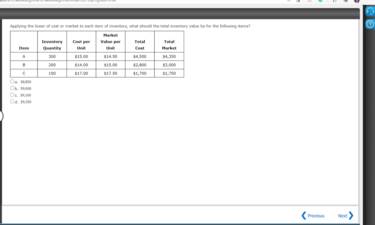 om/im/takeAssighmeny take
rogress-tiue
Applying the lower of cost or market to each item of inventory, what should the total inventory value be for the following items?
Market
Inventory
Cost per
Value per
Total
Total
Item
Quantity
Unit
Unit
Cost
Market
A
300
$15.00
$14.50
$4,500
$4,350
В
200
$14.00
$15.00
$2,800
$3,000
100
$17.00
$17.50
$1,700
$1,750
a. $8,850
Оь. 59,000
Oc. $9,100
Od. $9,250
Previous
Next>
