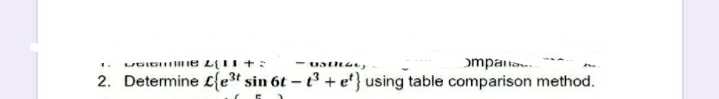 ompana.
2. Detemine £{e3t sin 6t – t3 + e'} using table comparison method.
