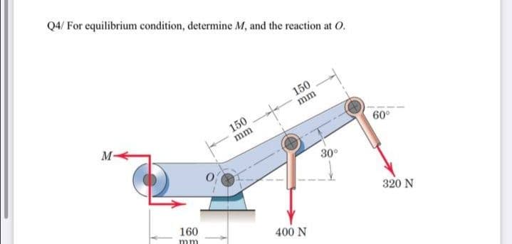 Q4/ For equilibrium condition, determine M, and the reaction at O.
150
mm
M-
150
60°
mm
30°
320 N
160
mm
400 N
