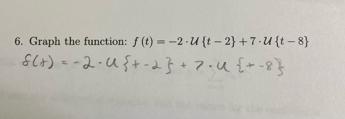 6. Graph the function: f (t) = -2 U{t-2} +7.U {t - 8}
S(+) = -2-U{+ -2} + 7.U {+ -8}