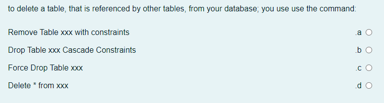 to delete a table, that is referenced by other tables, from your database; you use use the command:
Remove Table xxx with constraints
.a O
Drop Table xxx Cascade Constraints
.b O
Force Drop Table xxx
.c O
Delete * from XXX
.d O
