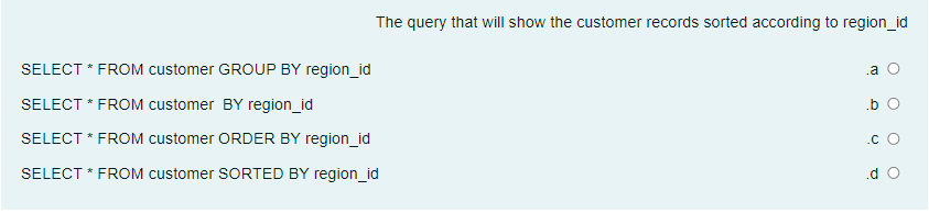 The query that will show the customer records sorted according to region_id
SELECT * FROM customer GROUP BY region_id
.a O
SELECT * FROM customer BY region_id
.b O
SELECT * FROM customer ORDER BY region_id
.c O
SELECT * FROM customer SORTED BY region_id
.d o
