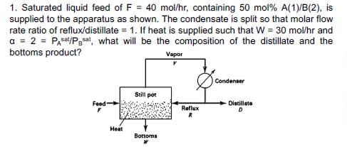 1. Saturated liquid feed of F = 40 mol/hr, containing 50 mol% A(1)/B(2), is
supplied to the apparatus as shown. The condensate is split so that molar flow
rate ratio of reflux/distillate = 1. If heat is supplied such that W = 30 mol/hr and
a = 2 = PAs/P3, what will be the composition of the distillate and the
bottoms product?
Vapor
Condenser
Still pot
Feed
Distillate
Reflux
Heat
Bottoms
